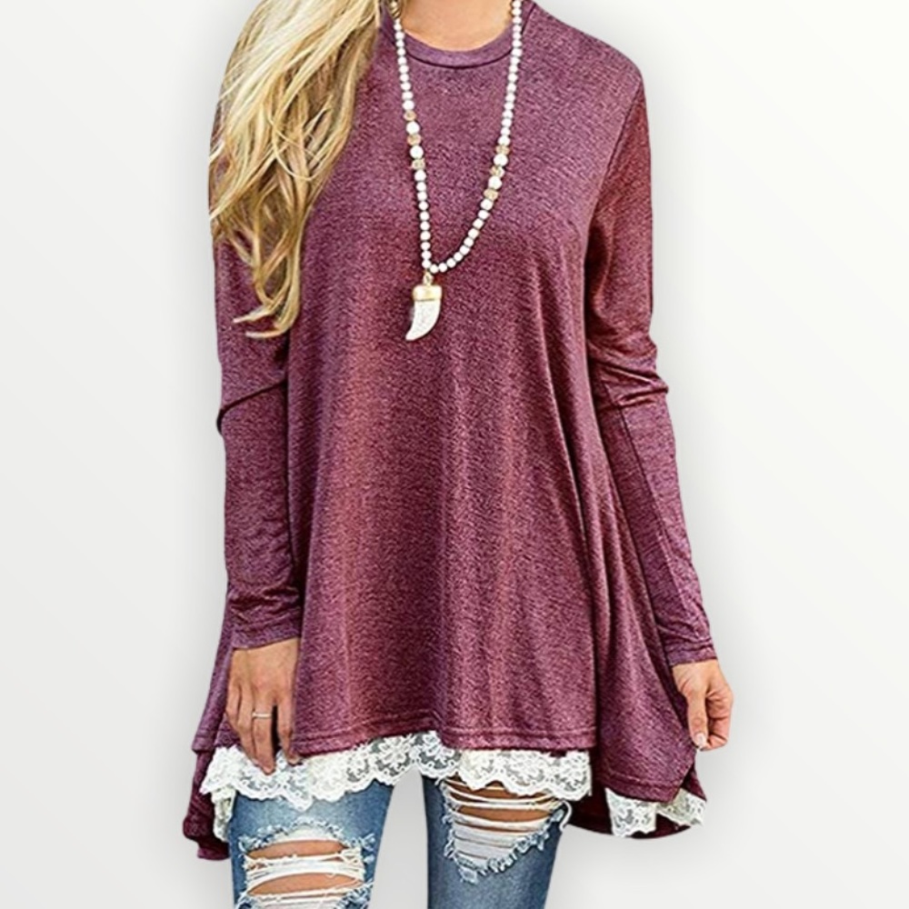 Scoop Neck Rose Lace Trim Long Sleeve Tunic Top - Picture 1 of 7